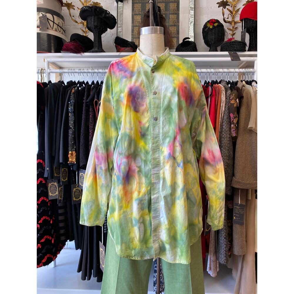 vintage 1990s oversized tie dyed cotton blouse large button up tunic shirt art